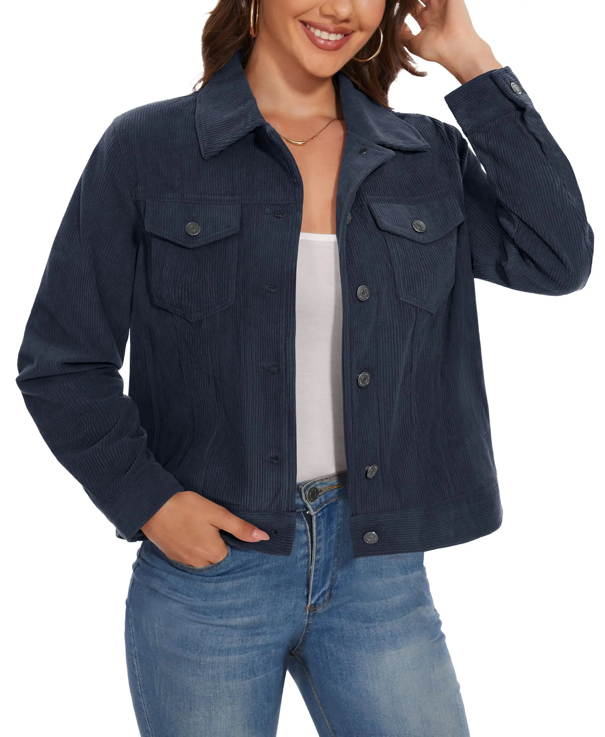 Women's Corduroy Cargo Jacket — Button-Down, 4 Pockets — Navy