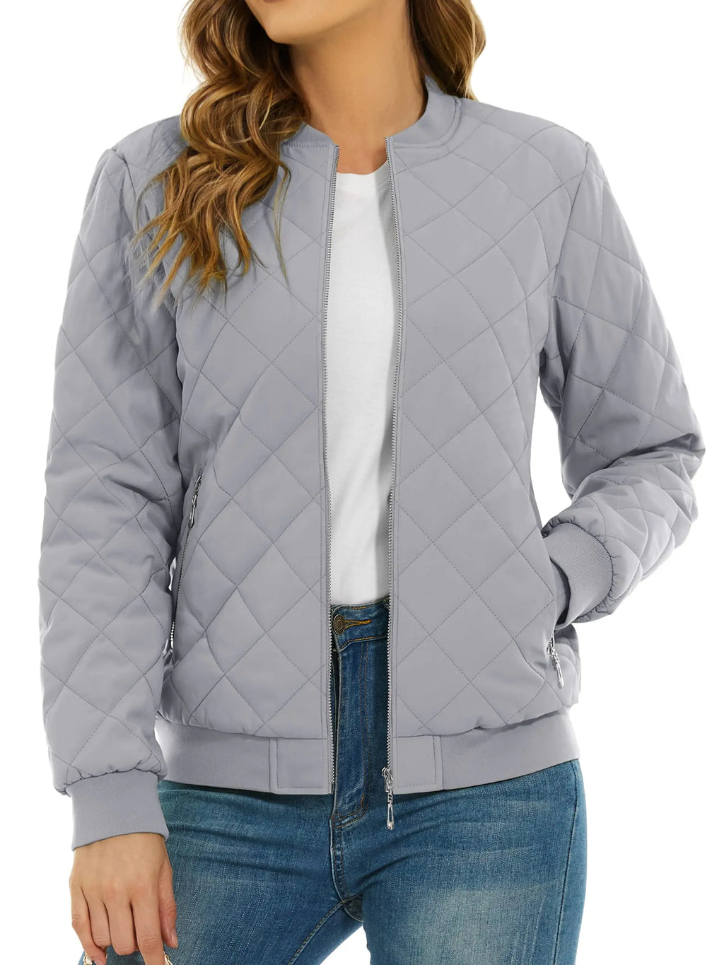 Women's Quilted Pilot Jacket — Lightweight Water-Resistant Bomber — Light Gray