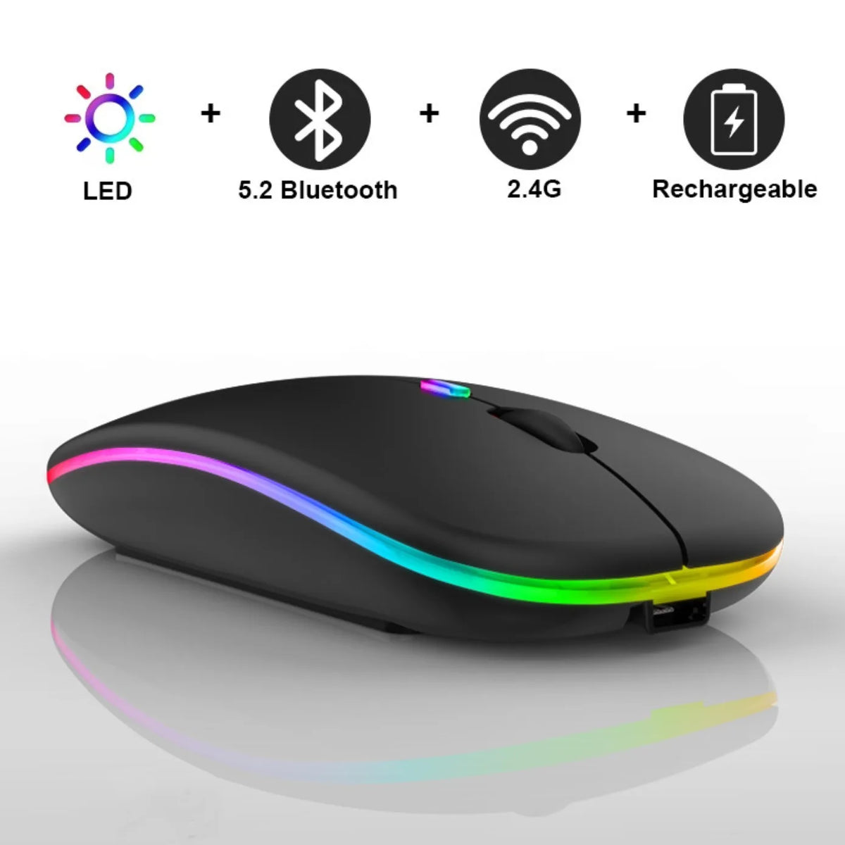 Dual-mode wireless mouse — Bluetooth 5.2 and 2.4GHz USB, LED backlight