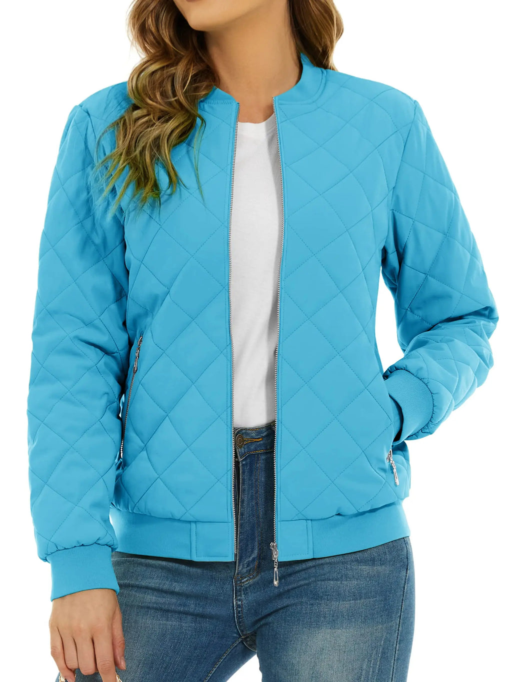 Women's Quilted Pilot Jacket — Lightweight Water-Resistant Bomber — Ice Blue