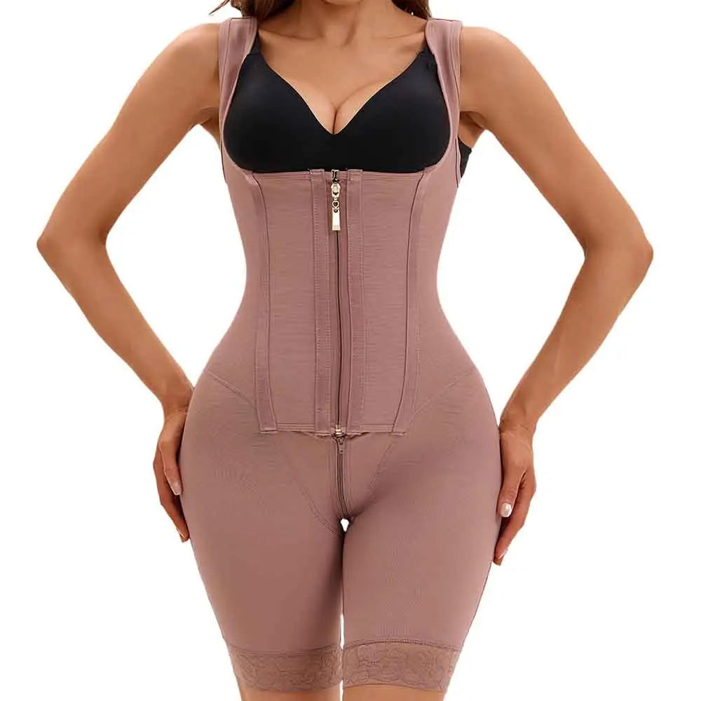 Womens full body shaper faja — high compression, front zipper and hooks, in Light Brown