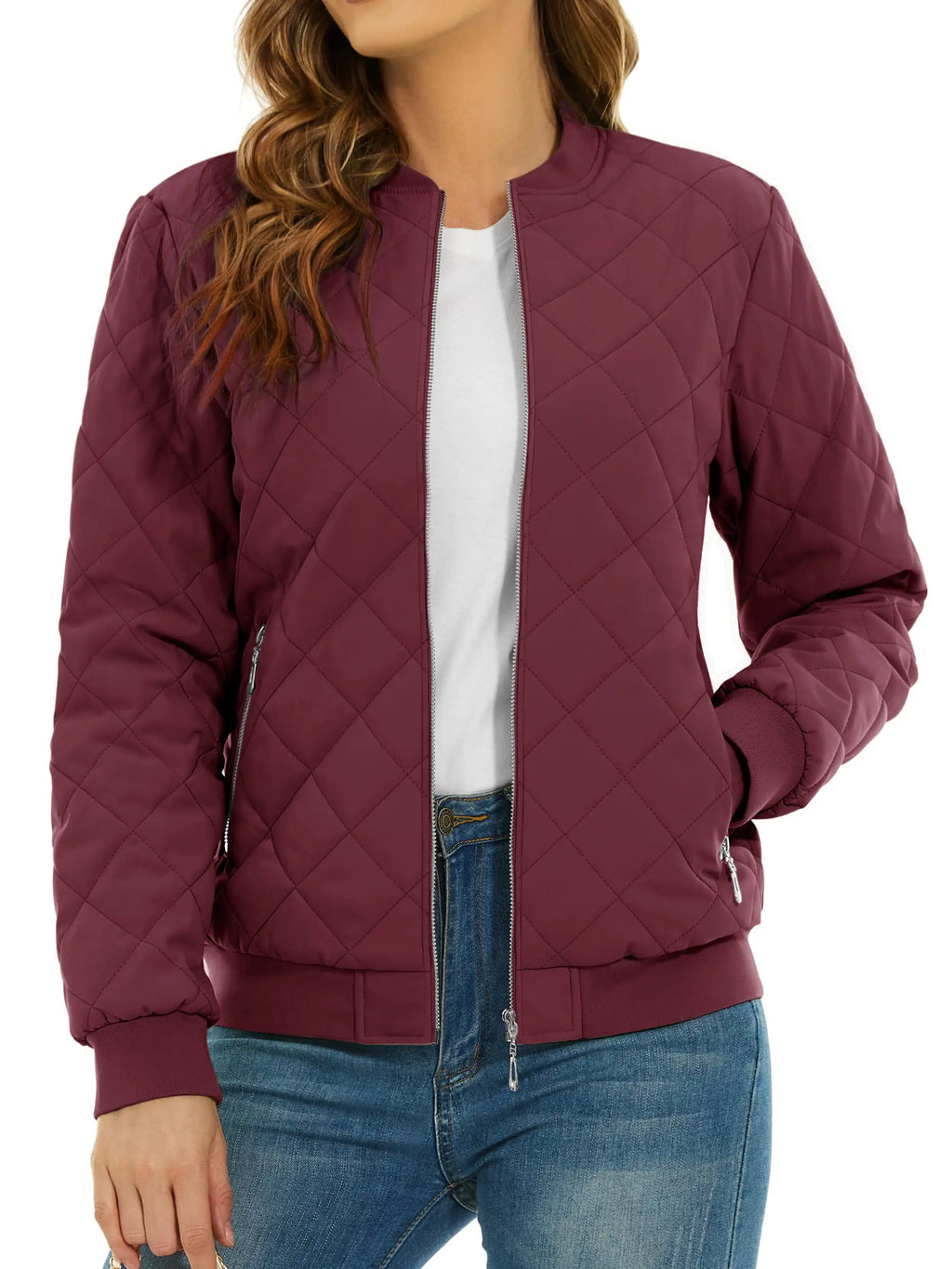 Women's Quilted Pilot Jacket — Lightweight Water-Resistant Bomber — Wine Red