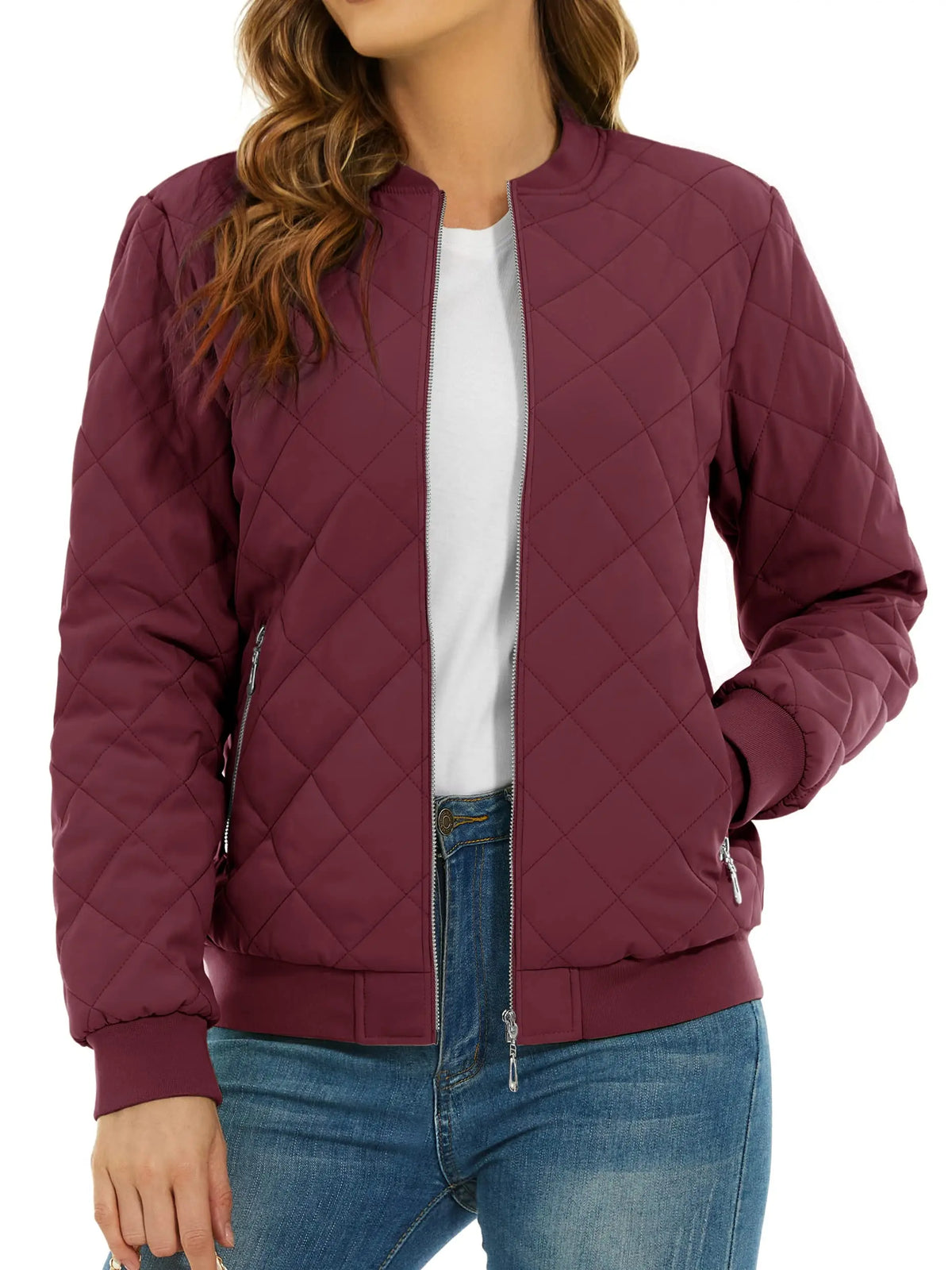 Women's Quilted Pilot Jacket — Lightweight Water-Resistant Bomber — Wine Red