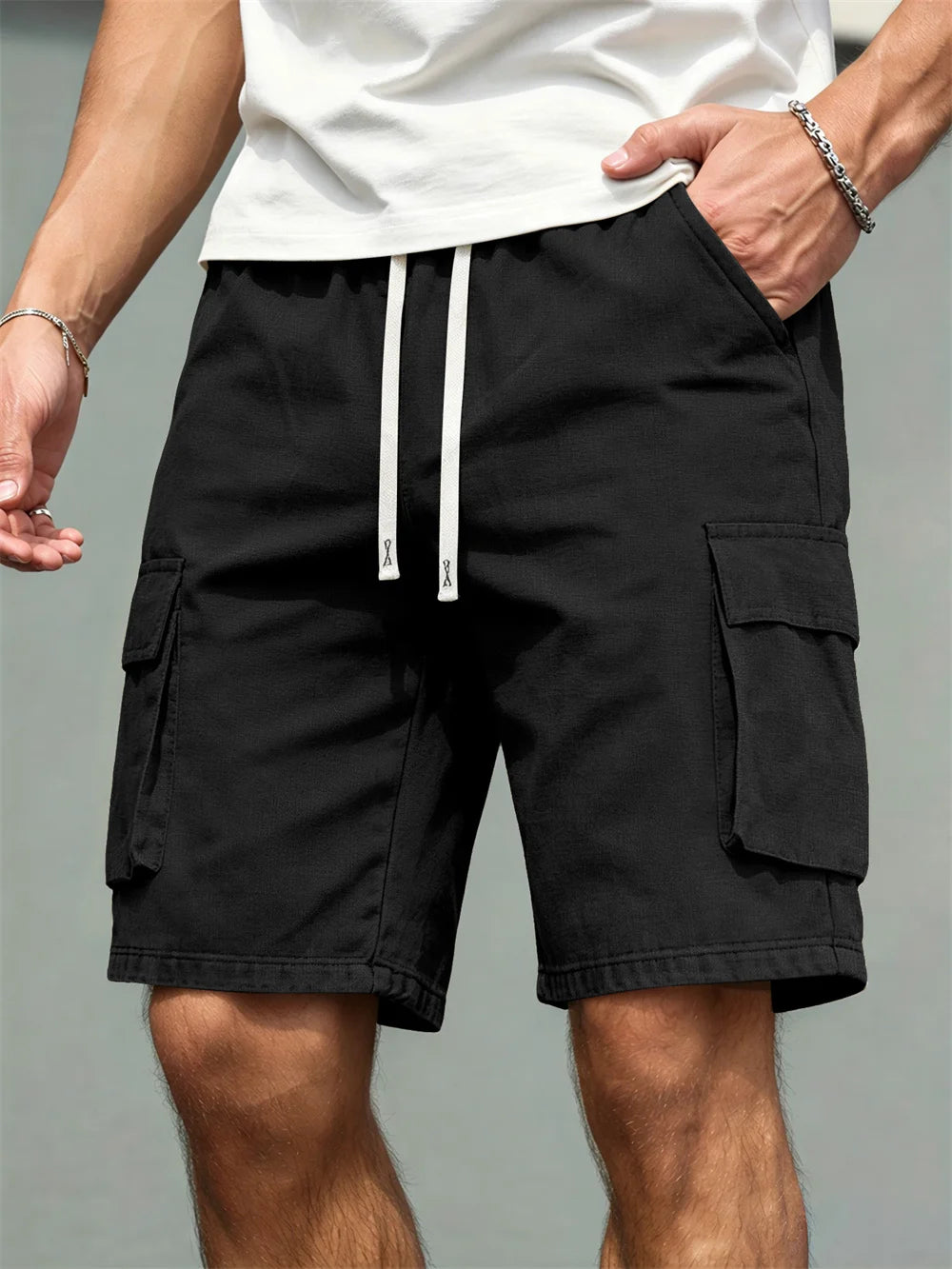 Men's cargo work shorts — black, front view