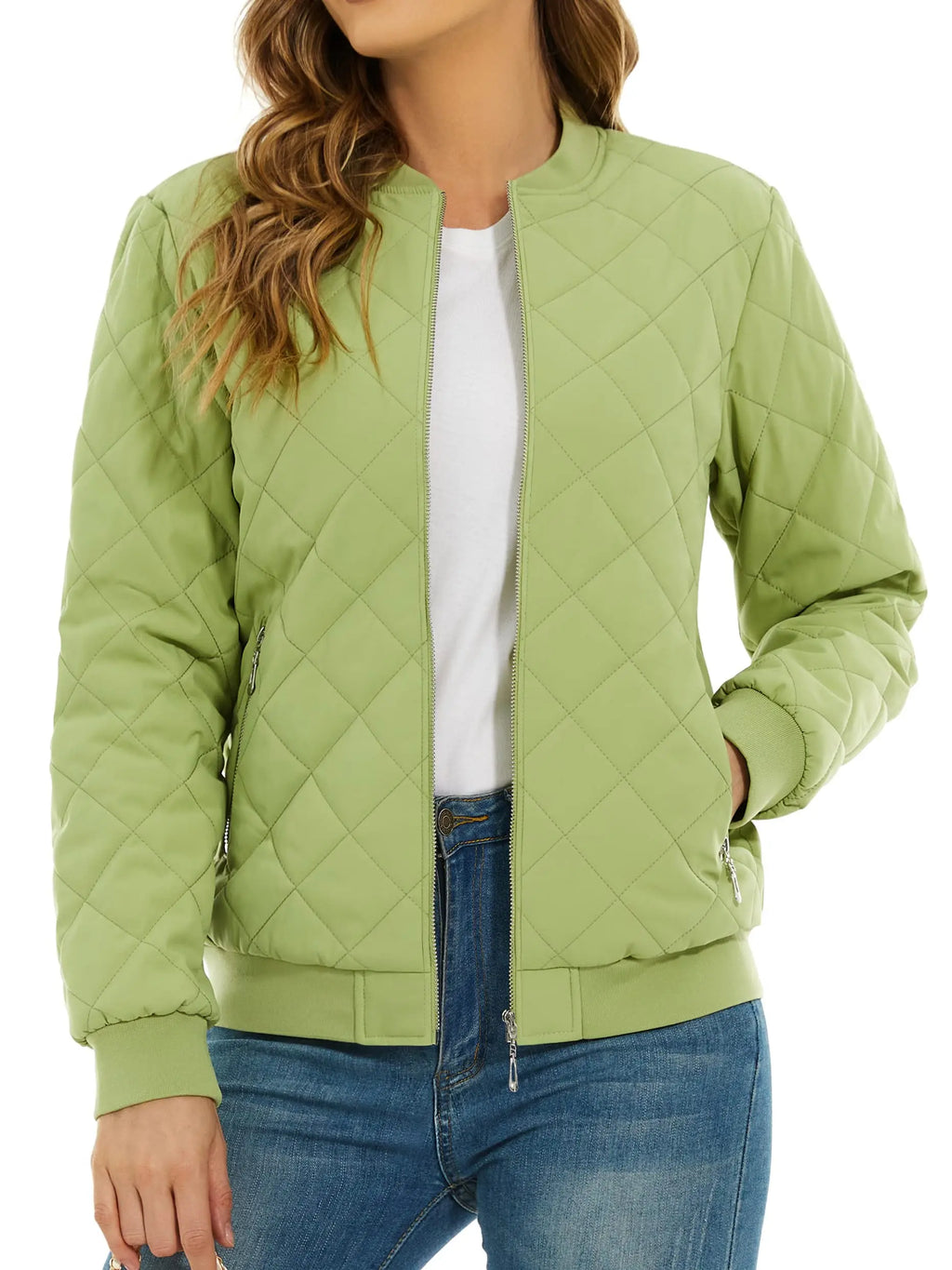 Women's Quilted Pilot Jacket — Lightweight Water-Resistant Bomber — Olive Green
