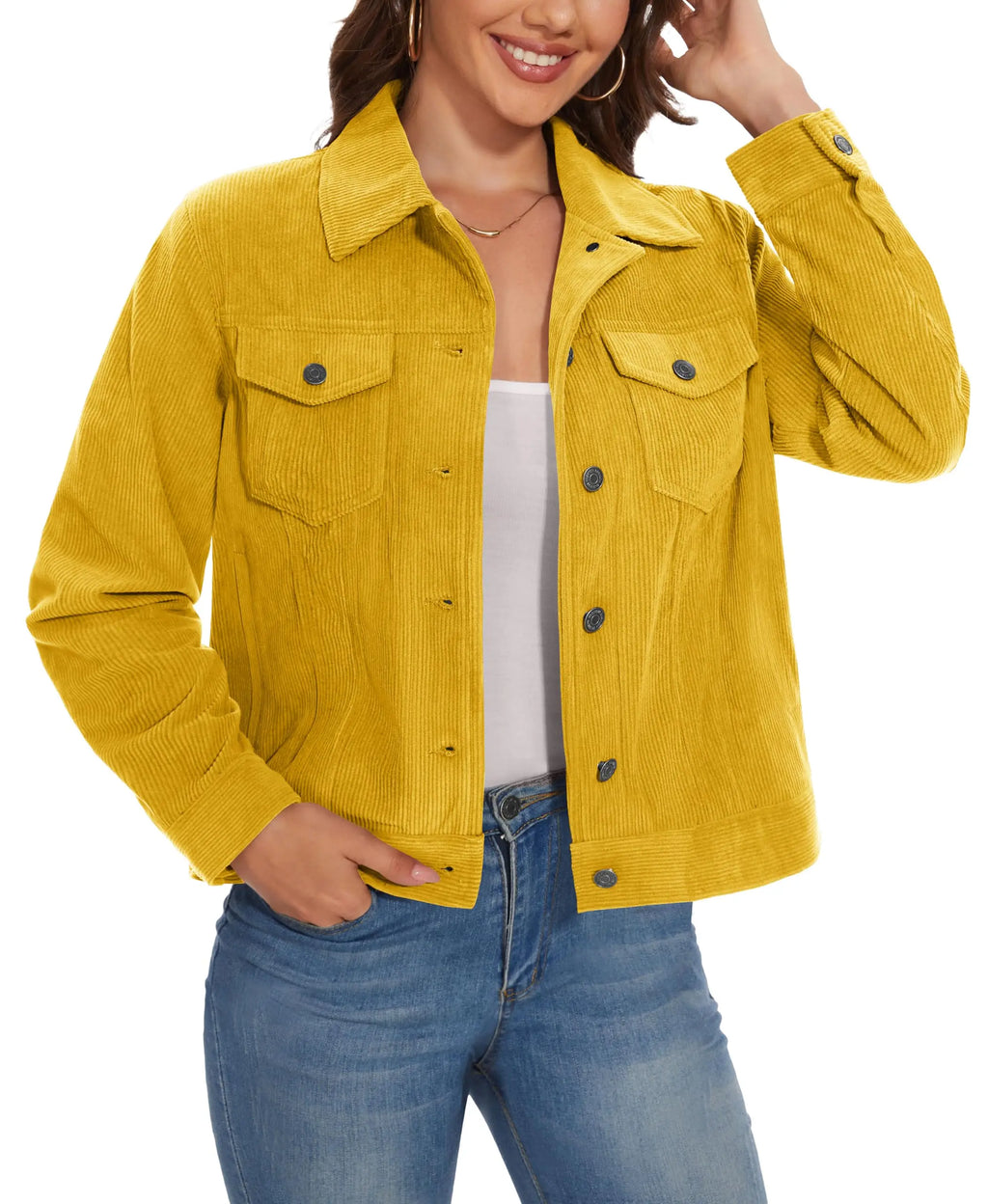 Women's Corduroy Cargo Jacket — Button-Down, 4 Pockets — Yellow