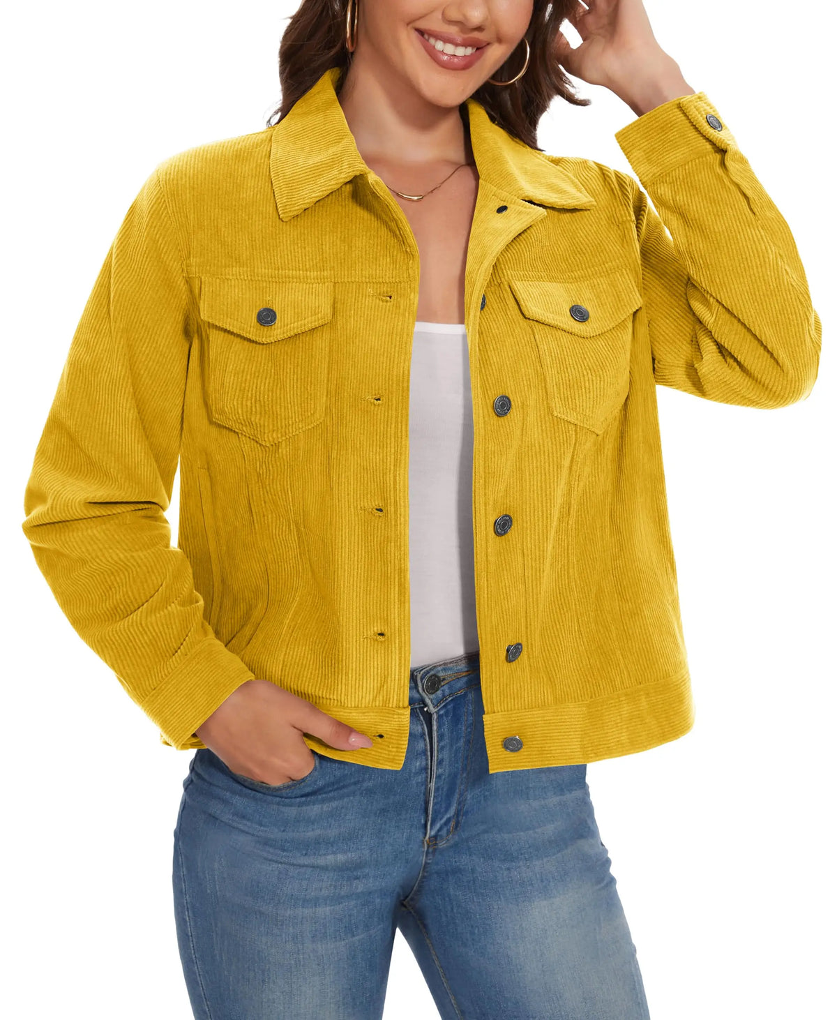 Women's Corduroy Cargo Jacket — Button-Down, 4 Pockets — Yellow