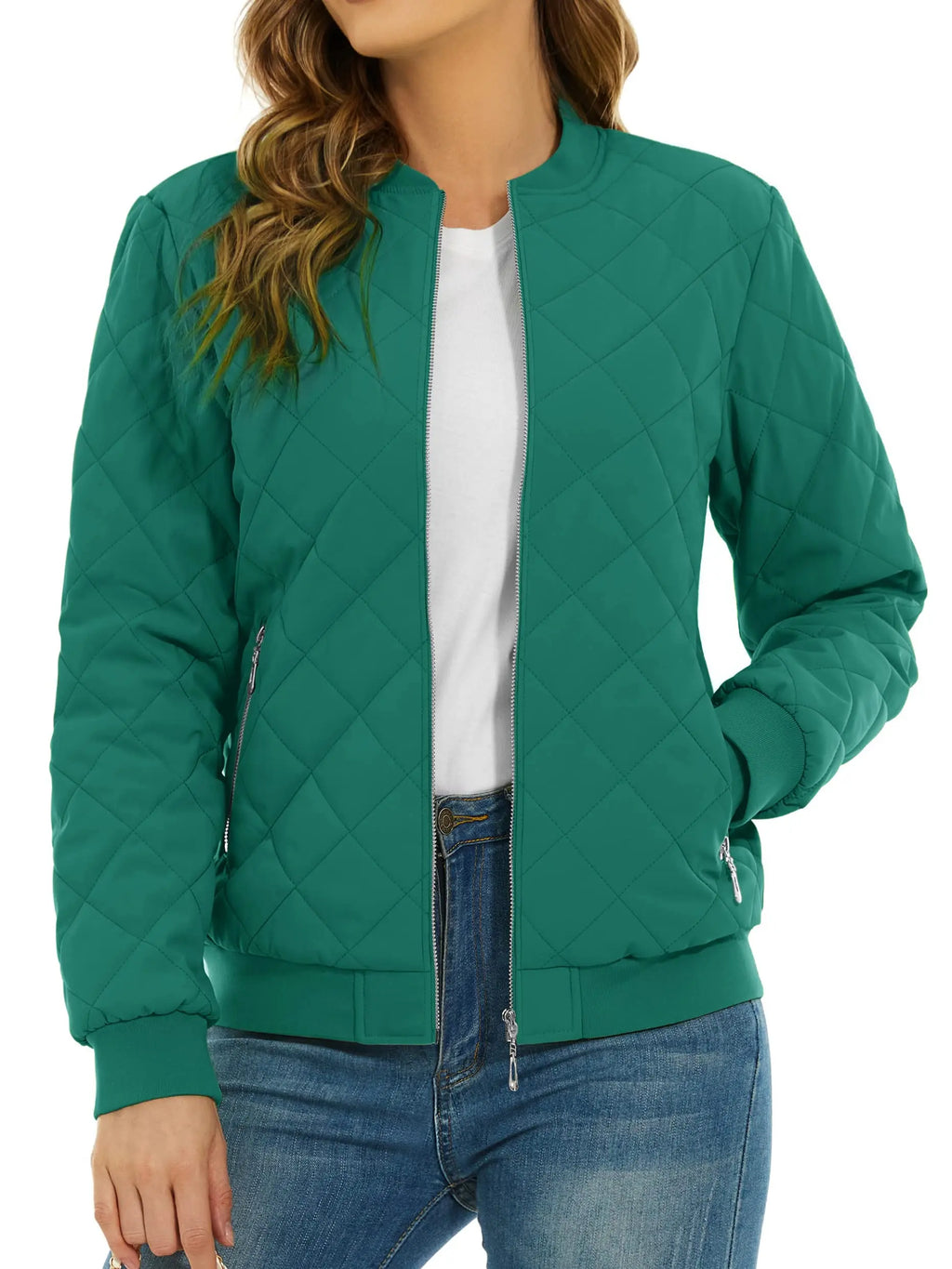 Women's Quilted Pilot Jacket — Lightweight Water-Resistant Bomber — Emerald Green