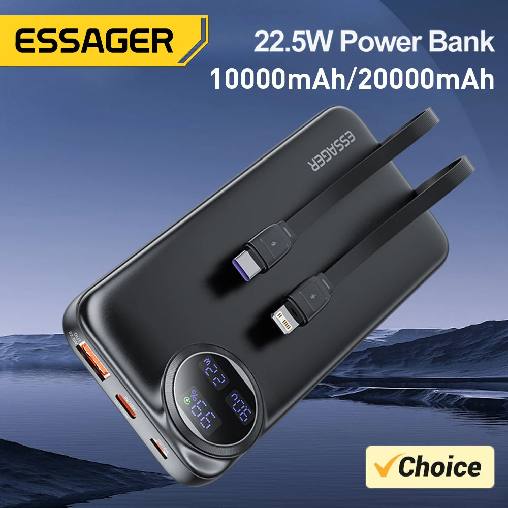 Essager ES-D016 power bank with built-in USB-C and Lightning cables