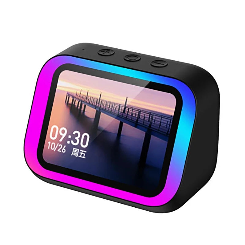 Retro pixel-art smart Bluetooth speaker in black — LED alarm clock with weather display, night light and photo frame