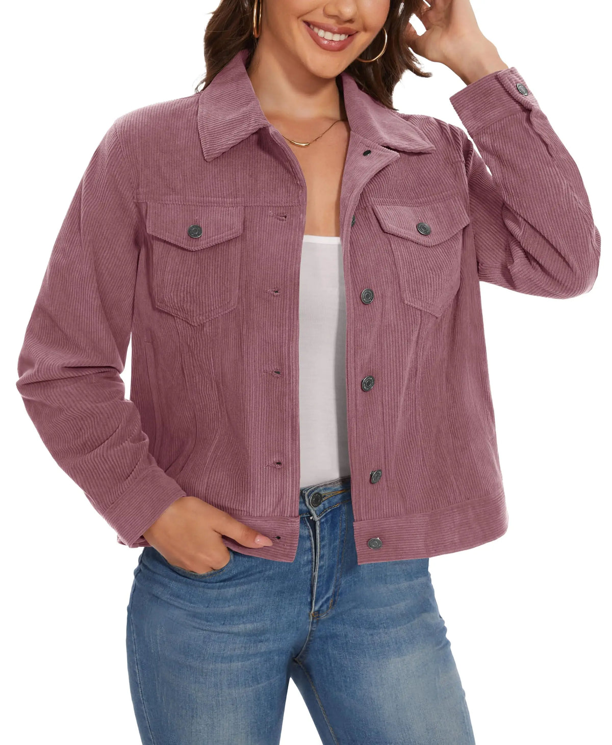 Women's Corduroy Cargo Jacket — Button-Down, 4 Pockets — Wine Red