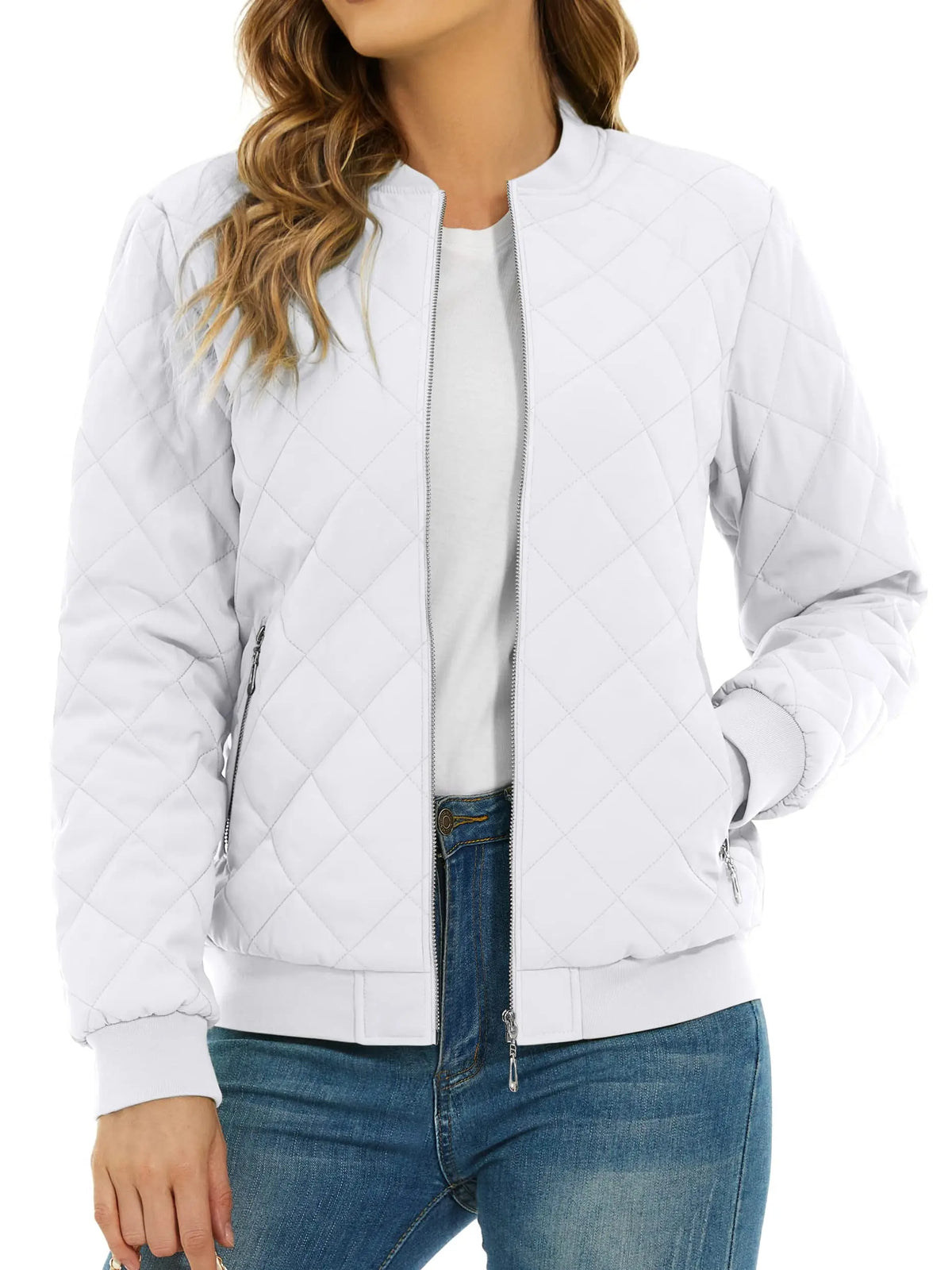 Women's Quilted Pilot Jacket — Lightweight Water-Resistant Bomber — White