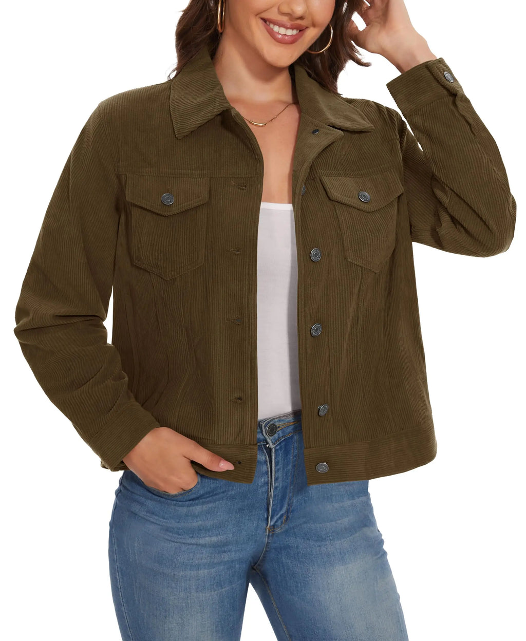 Women's Corduroy Cargo Jacket — Button-Down, 4 Pockets — Coffee