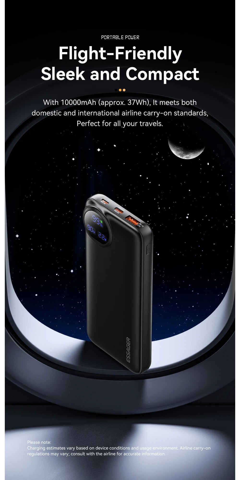 Essager 10000mAh power bank — compact travel design, LED display
