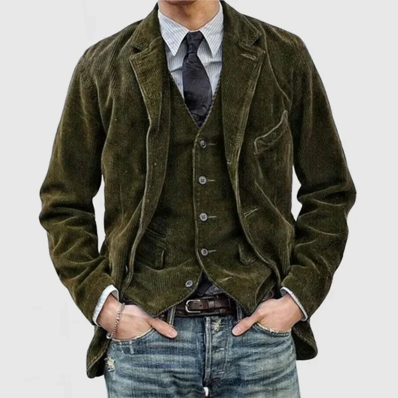 Men's Corduroy Casual Jacket — Suit-Collar Blazer Style — Army Green