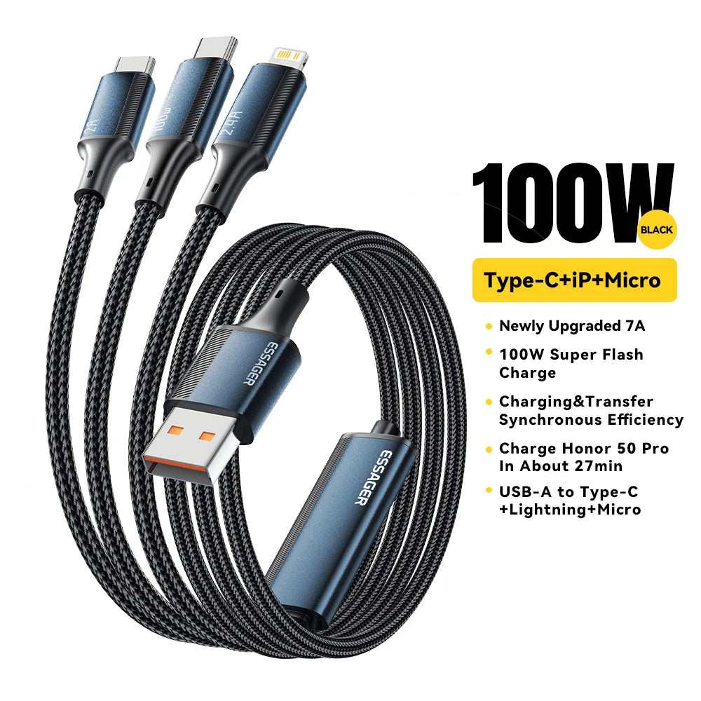 Essager 100W 3-in-1 multi charging cable — blue