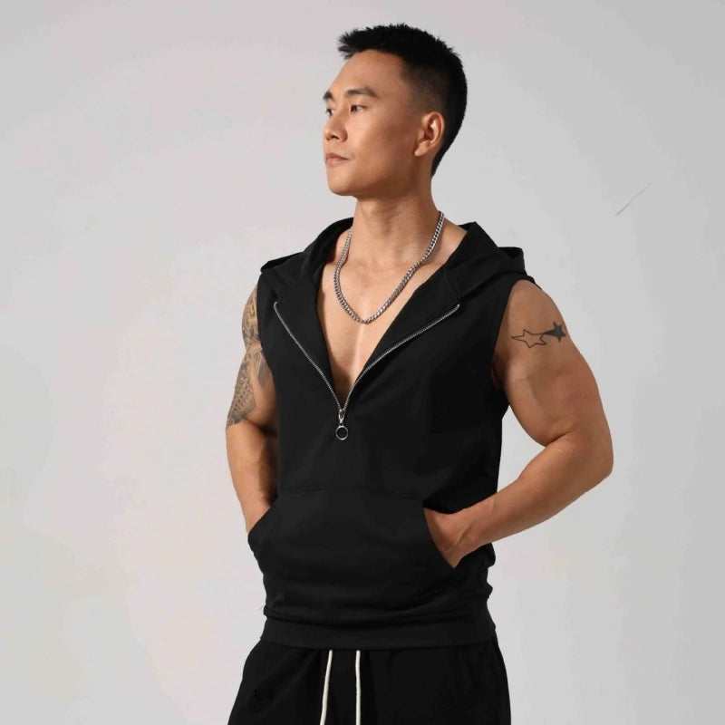 Men's hooded gym tank top — black