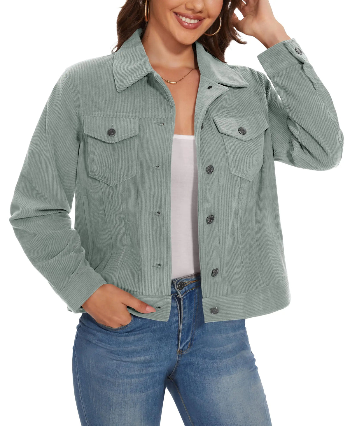 Women's Corduroy Cargo Jacket — Button-Down, 4 Pockets — Light Gray