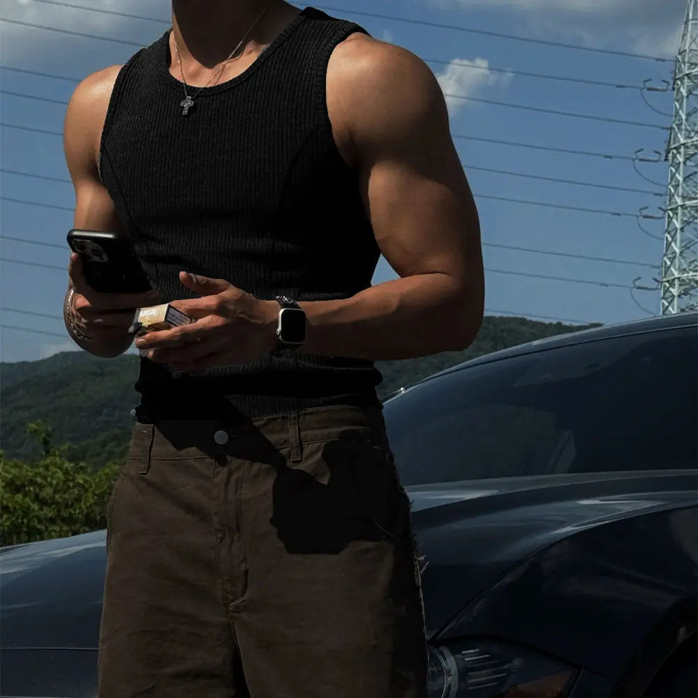 Men's ribbed gym tank top — black