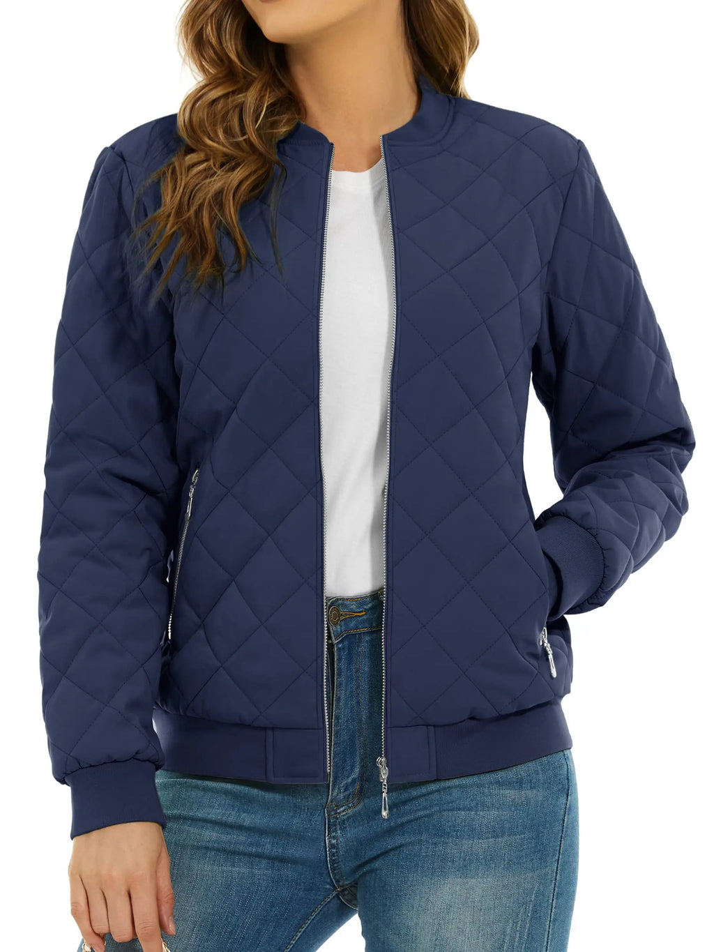 Women's Quilted Pilot Jacket — Lightweight Water-Resistant Bomber — Navy