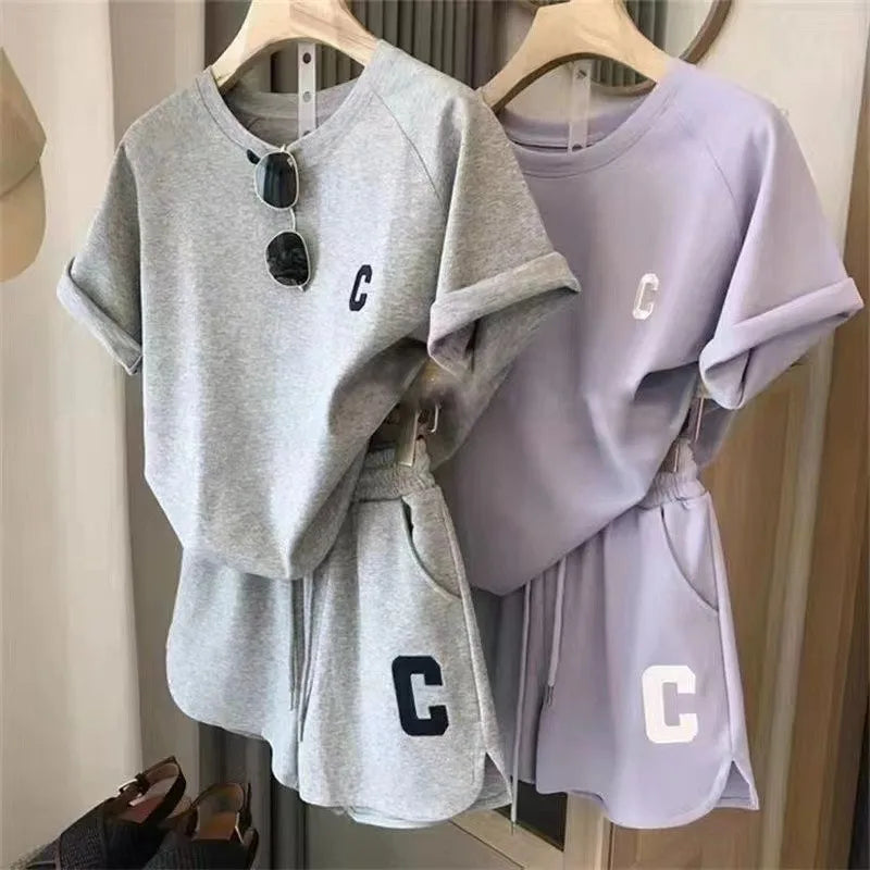 Women's 2-piece casual set, letter patch tee and striped shorts