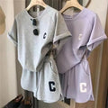 Women's 2-piece casual set, letter patch tee and striped shorts