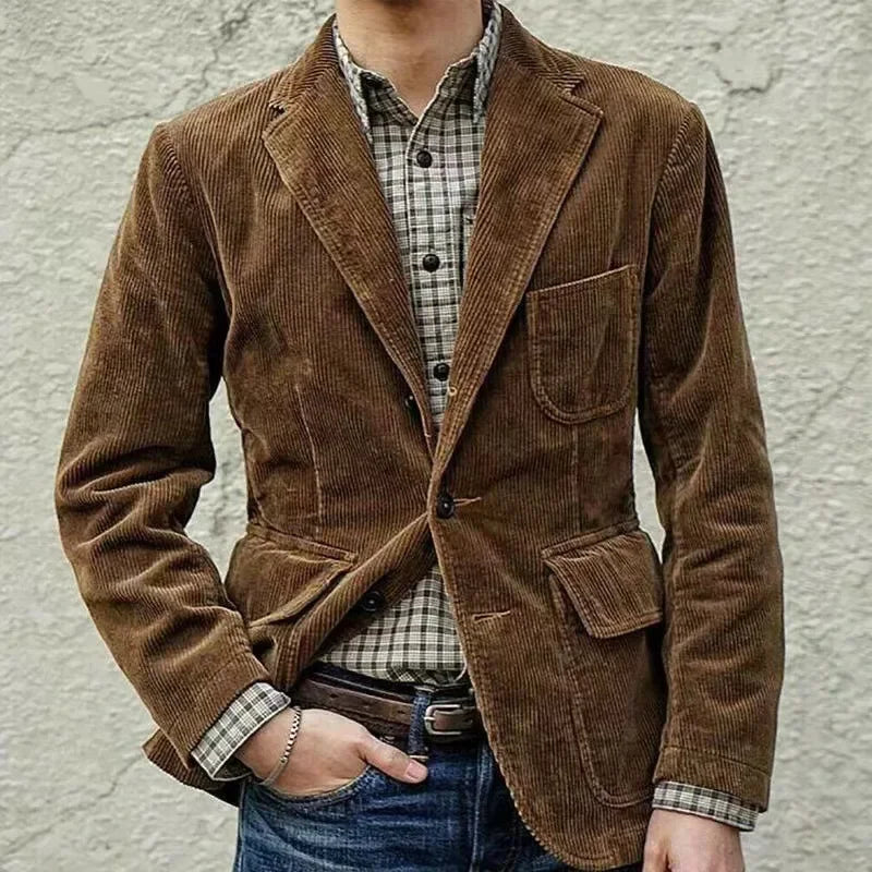 Men's Corduroy Casual Jacket — Suit-Collar Blazer Style — Brown