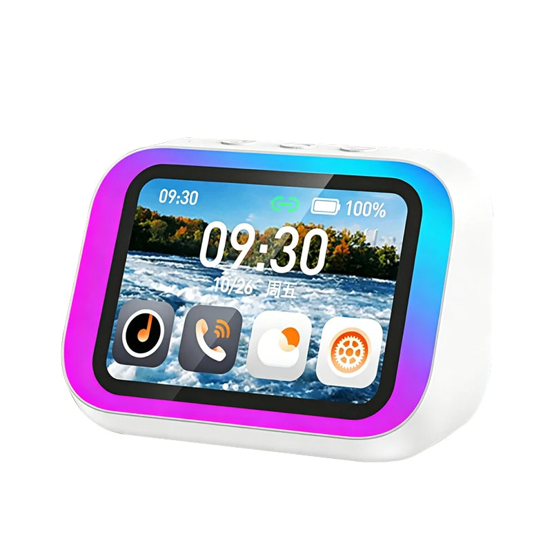 Retro pixel-art smart Bluetooth speaker in white — LED alarm clock with weather display, night light and photo frame