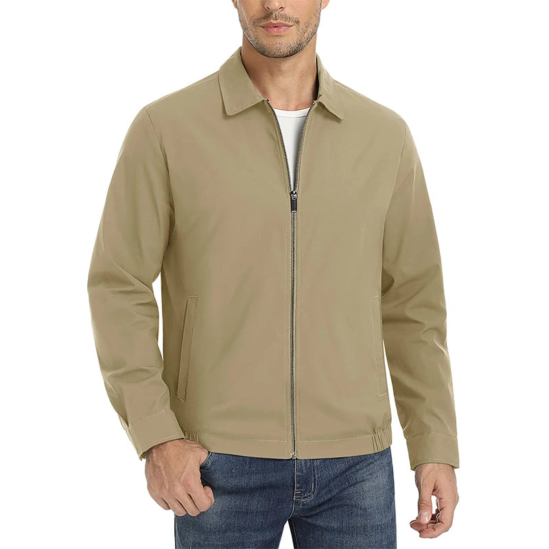Men's Zip-Front Golf Jacket — Lightweight Water-Resistant Casual Jacket — Khaki