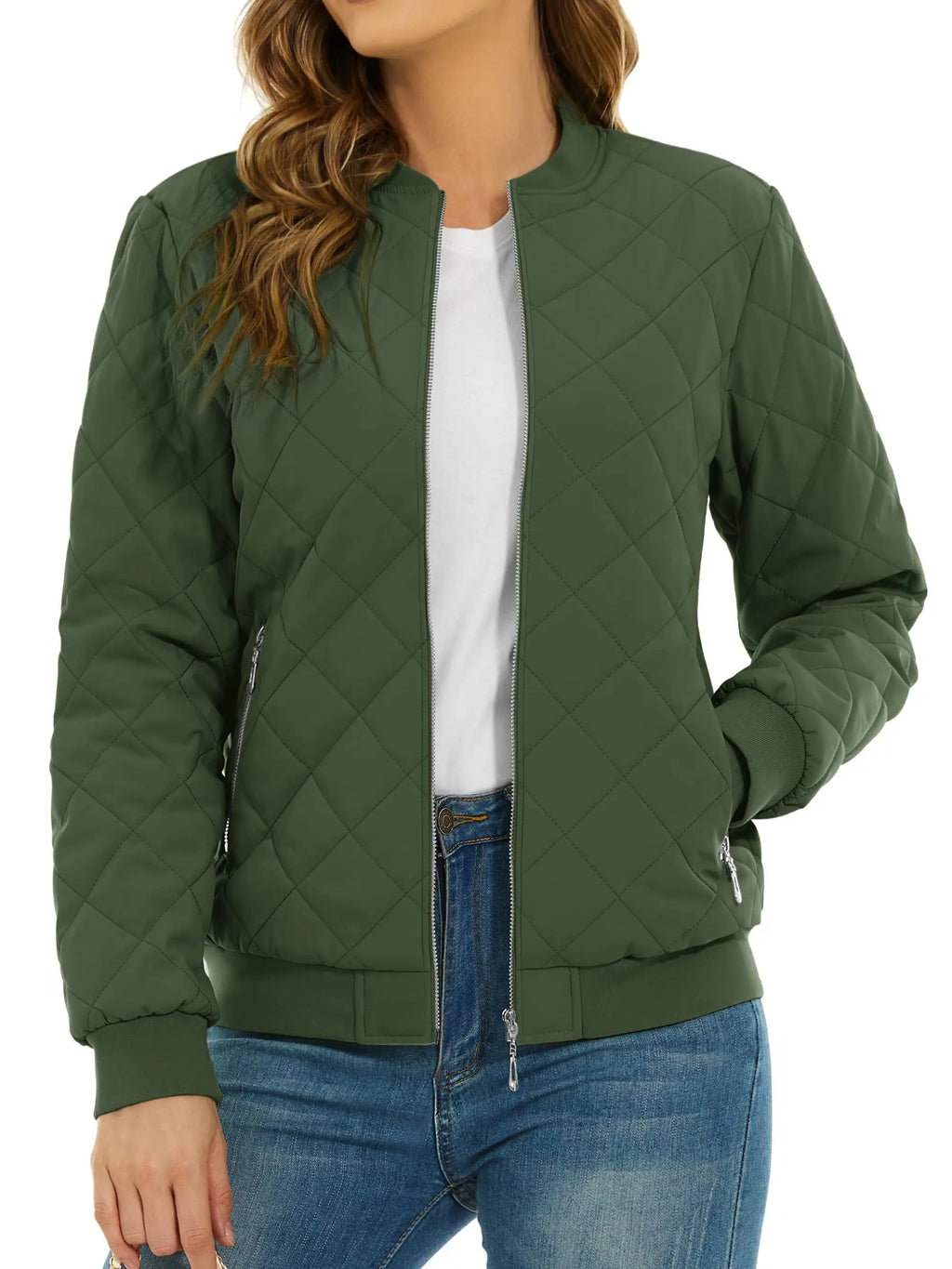 Women's Quilted Pilot Jacket — Lightweight Water-Resistant Bomber — Army Green