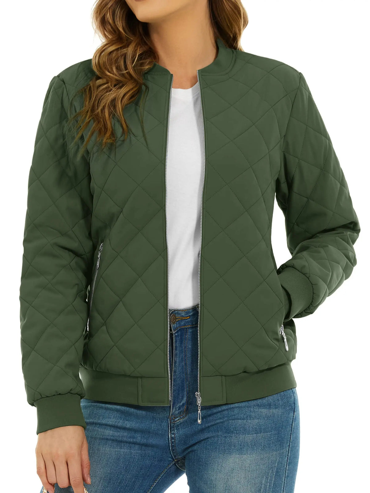 Women's Quilted Pilot Jacket — Lightweight Water-Resistant Bomber — Army Green