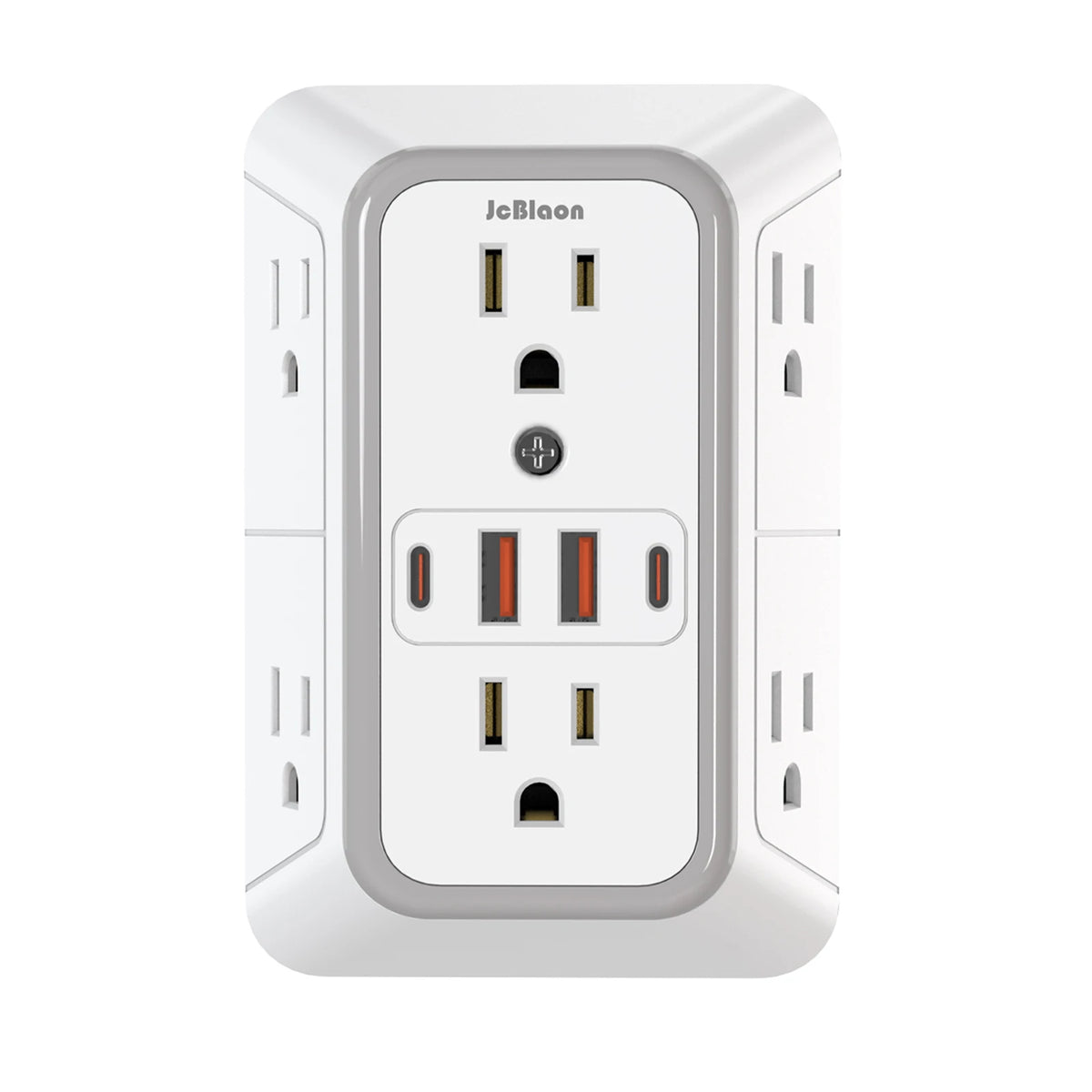 White flat wall outlet extender with 6 AC outlets and 4 USB ports