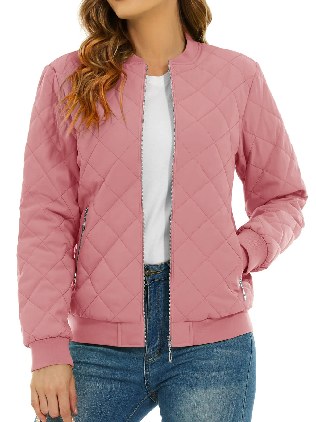 Women's Quilted Pilot Jacket — Lightweight Water-Resistant Bomber — Gray Pink