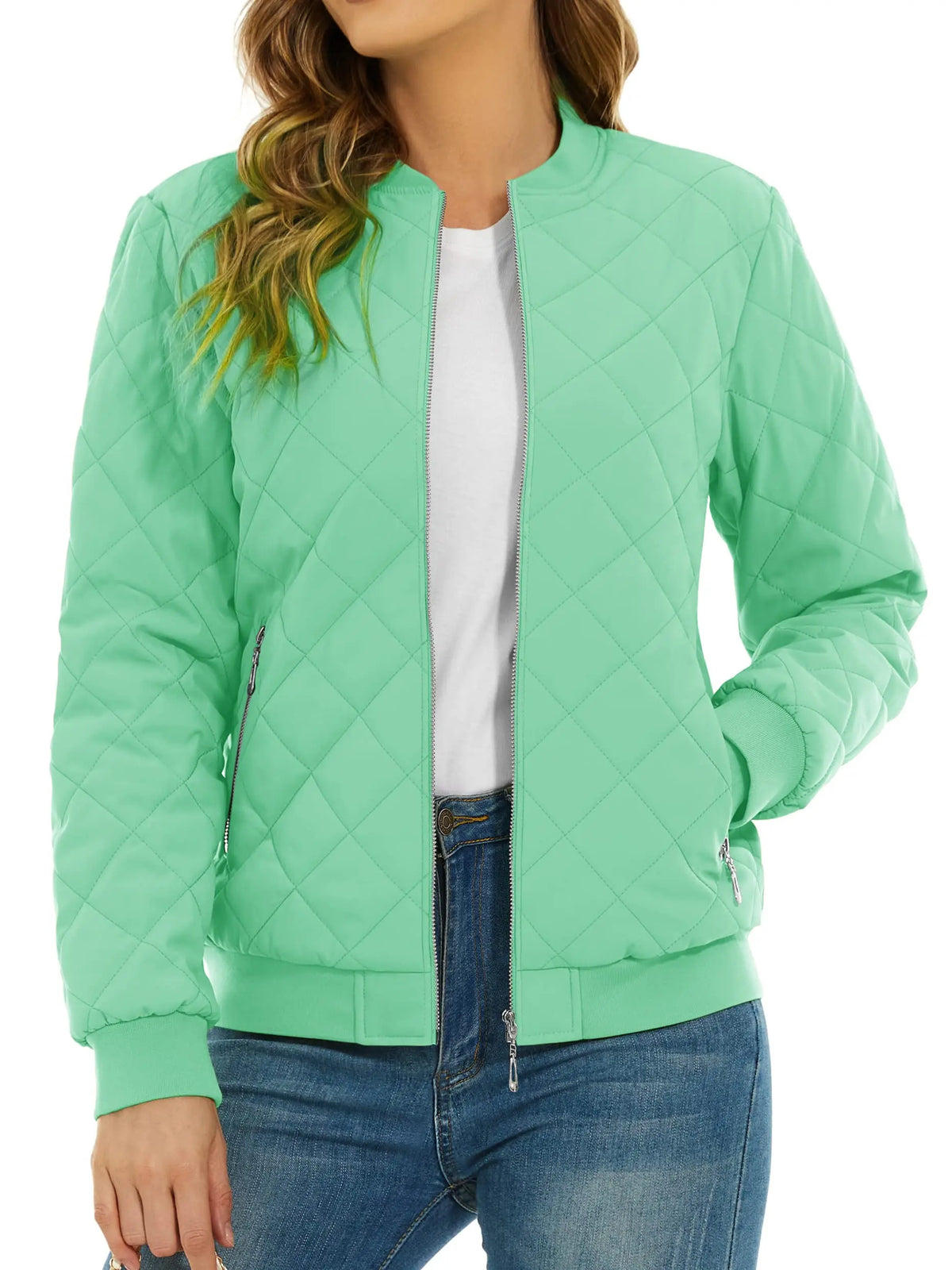 Women's Quilted Pilot Jacket — Lightweight Water-Resistant Bomber — Mint Green