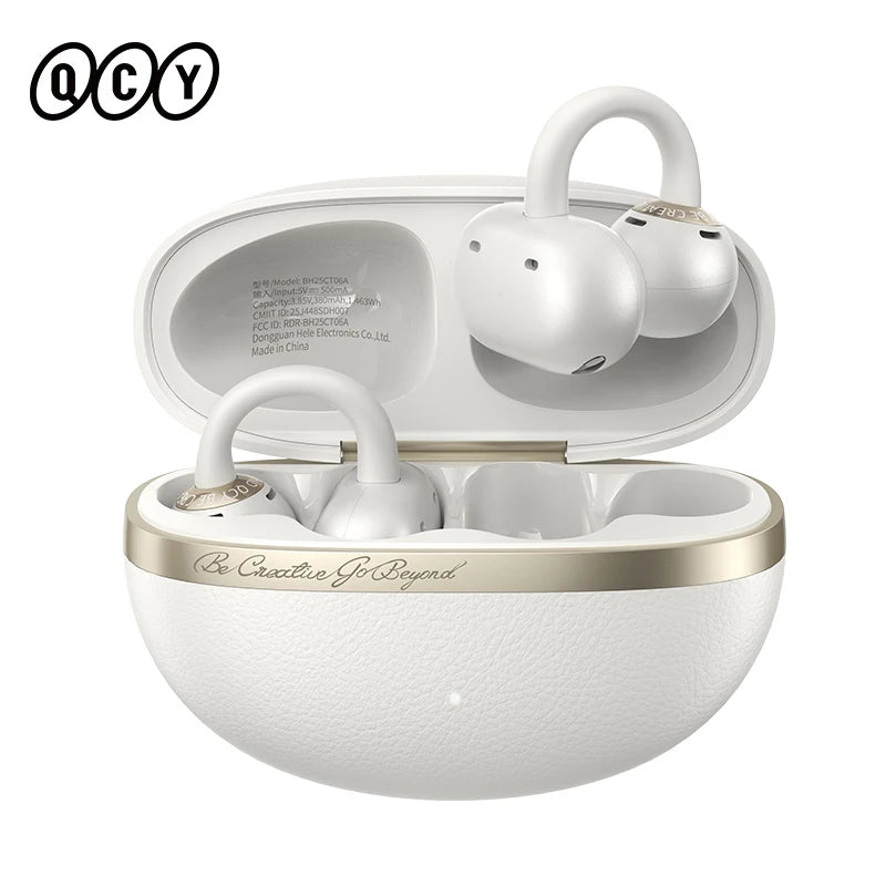 QCY Crossky C50 white open-ear clip earbuds with charging case