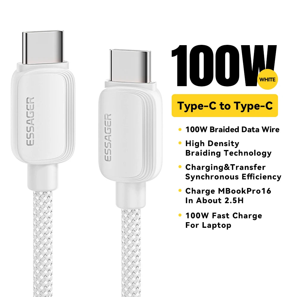 Essager 100W USB-C to USB-C braided cable — White
