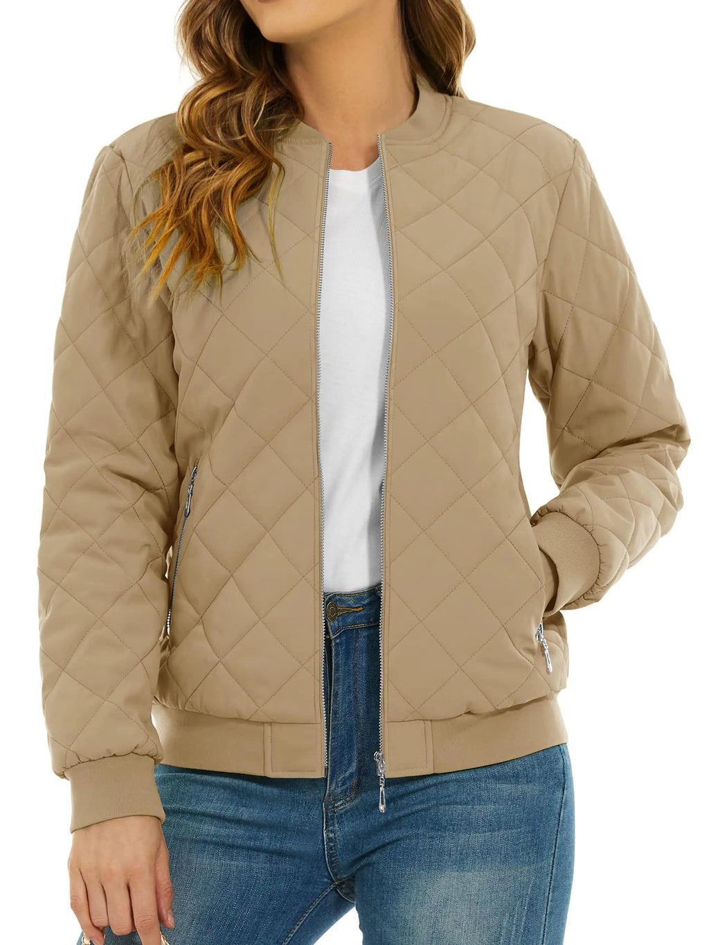Women's Quilted Pilot Jacket — Lightweight Water-Resistant Bomber — Khaki