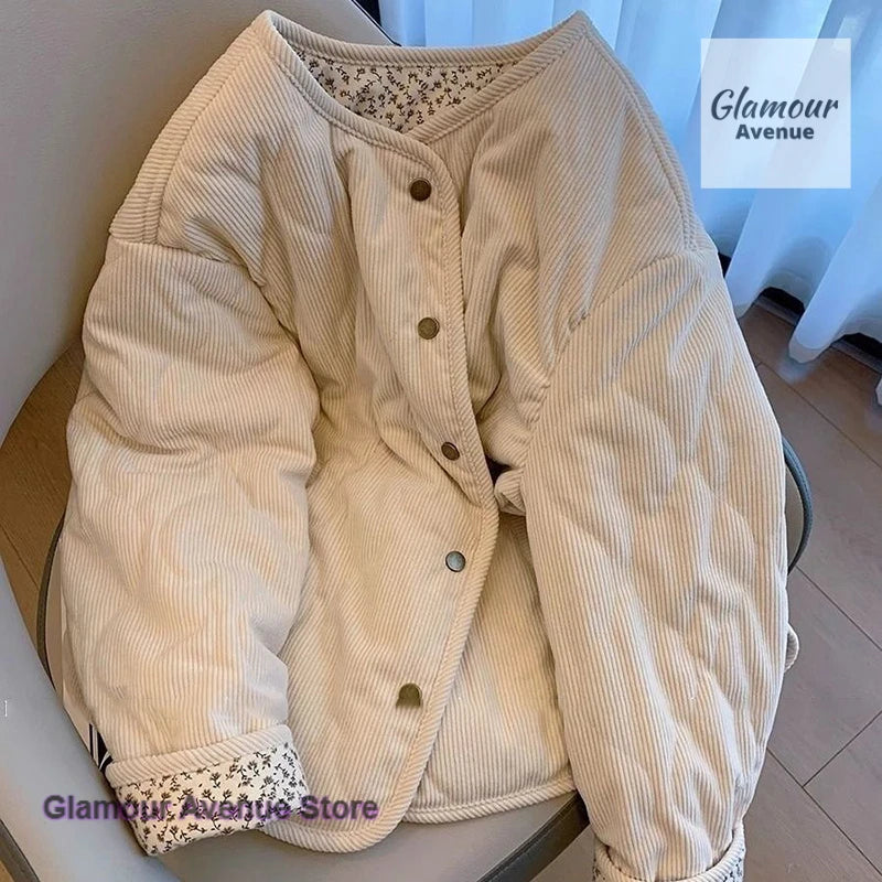 Women's Corduroy Padded Jacket — Floral Diamond Quilted, Loose Fit — Floral Corduroy