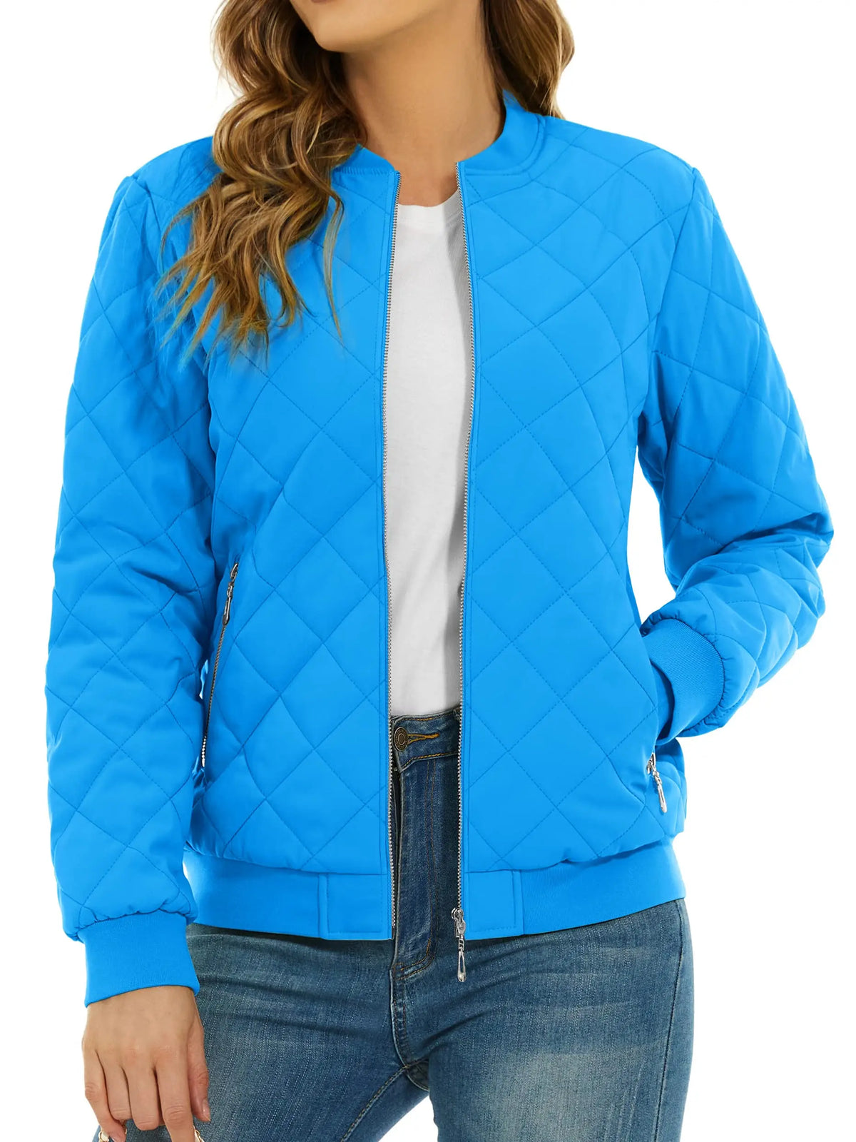 Women's Quilted Pilot Jacket — Lightweight Water-Resistant Bomber — Azure Blue