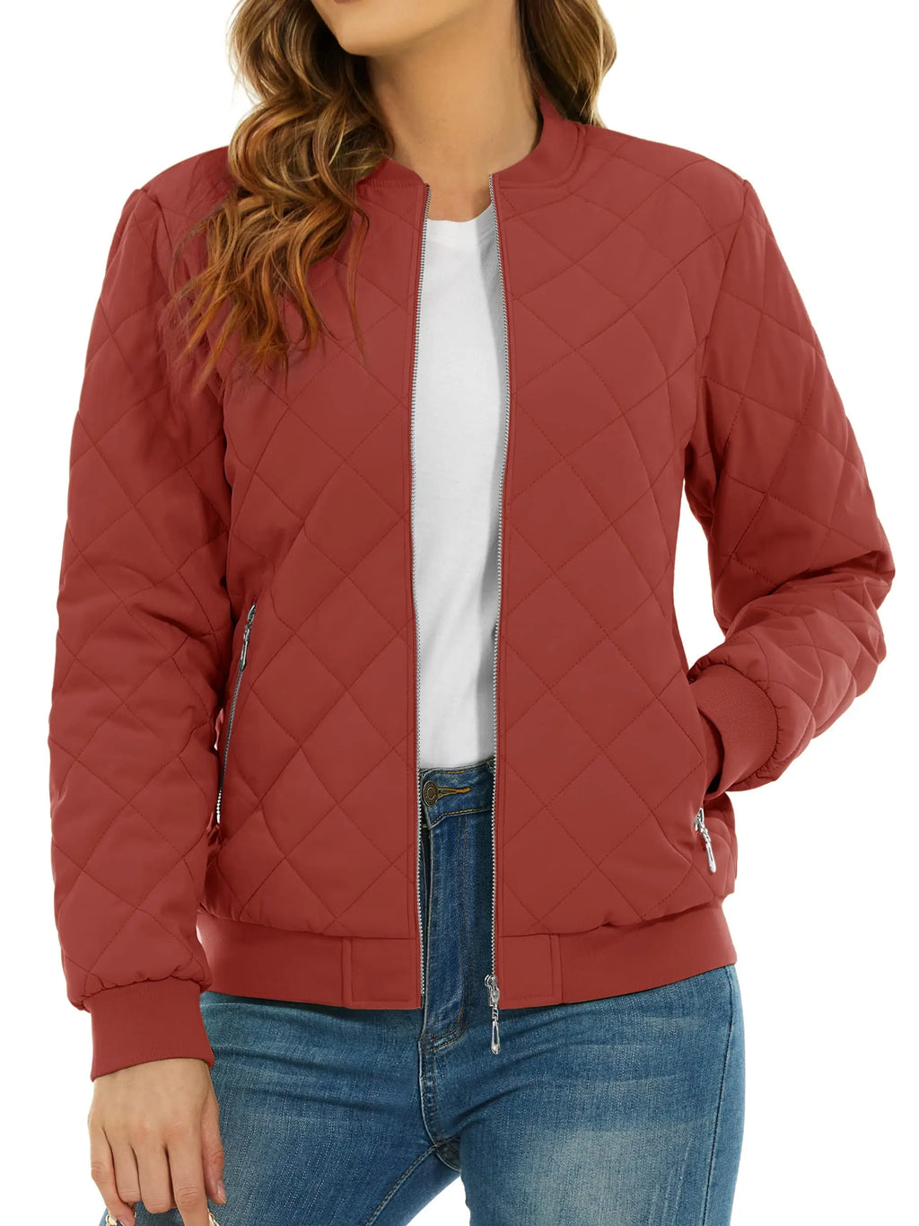 Women's Quilted Pilot Jacket — Lightweight Water-Resistant Bomber — Orange Red