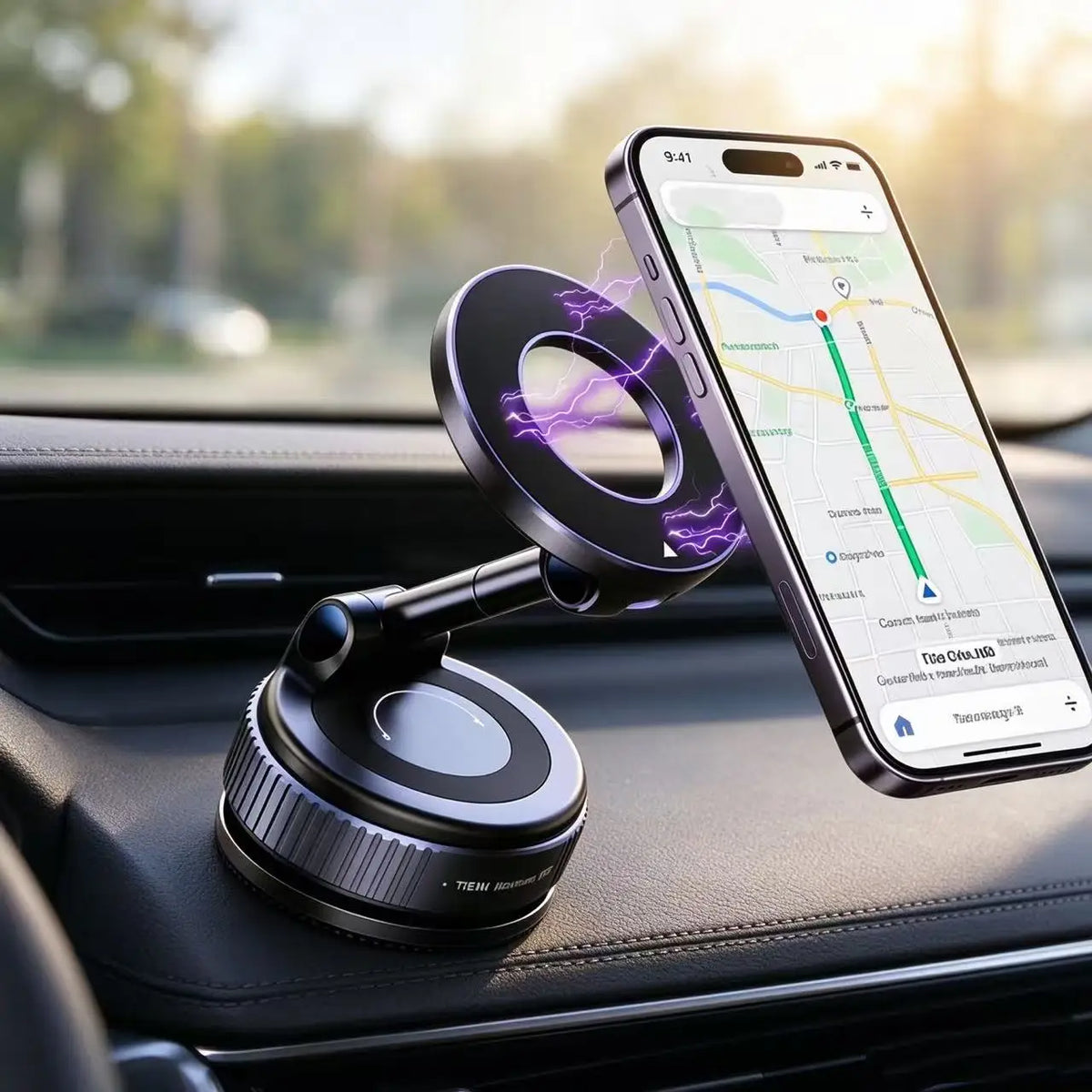 Vacuum suction magnetic car phone holder — windshield and dashboard mount with foldable arm (Black)