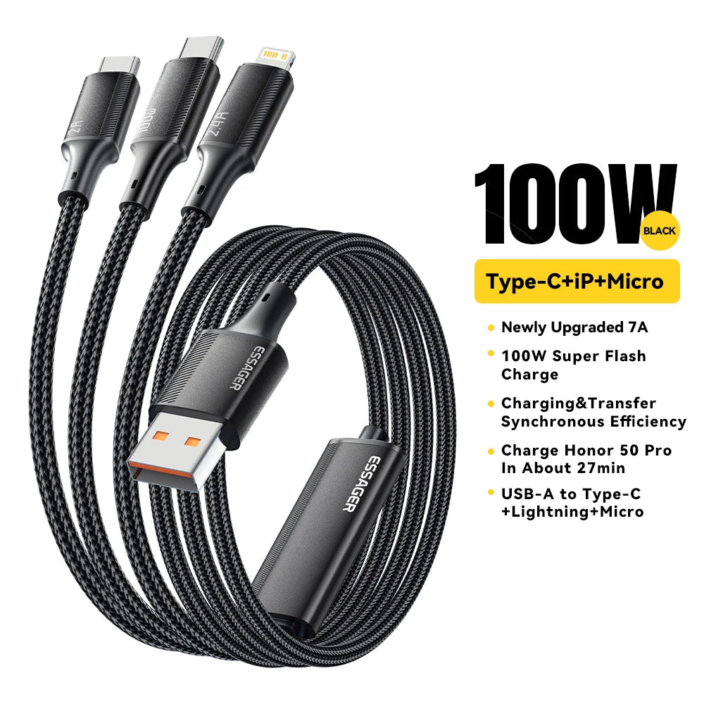 Essager 100W 3-in-1 multi charging cable — black