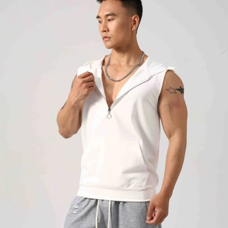 Men's hooded gym tank top — white