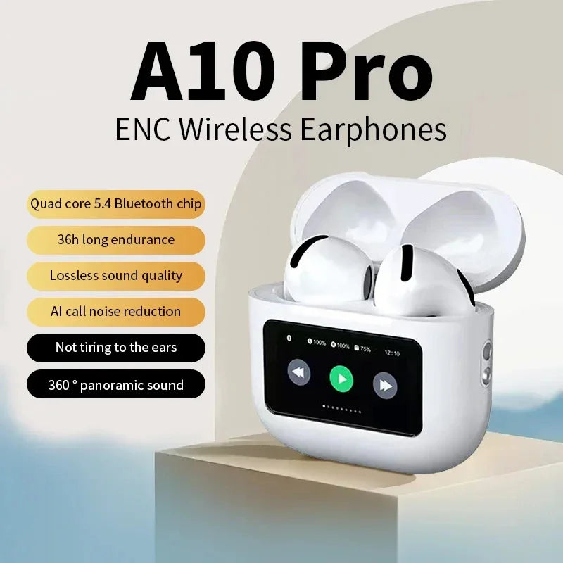 Maxtech19 A10 Pro white ANC earbuds with touch-screen case
