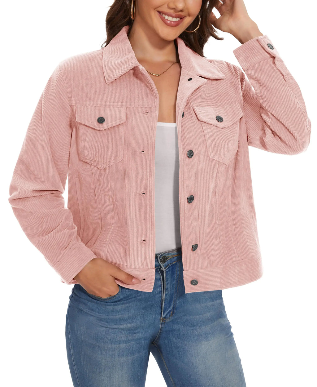 Women's Corduroy Cargo Jacket — Button-Down, 4 Pockets — Light Pink