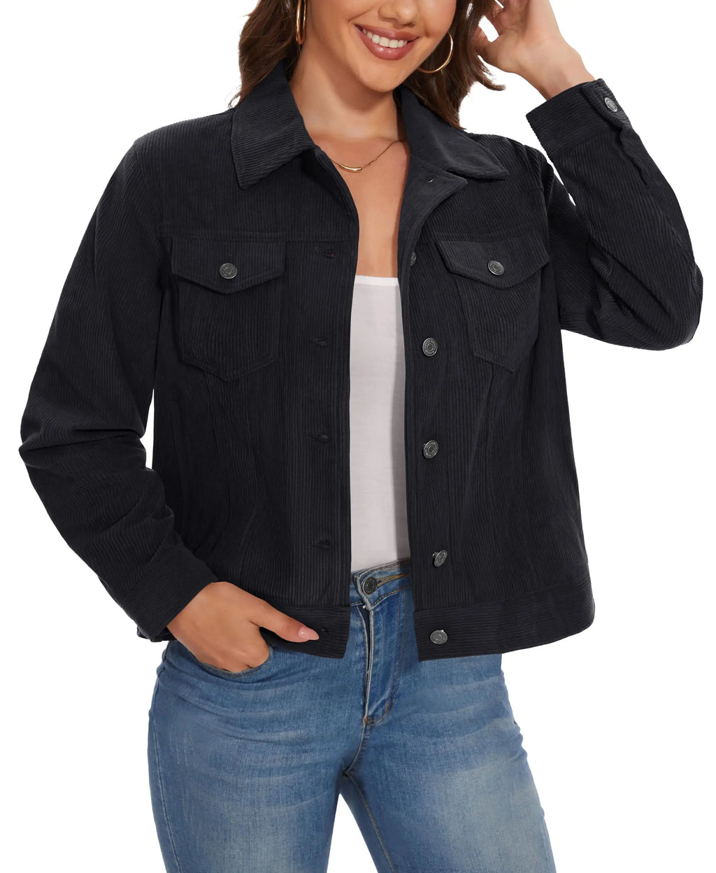 Women's Corduroy Cargo Jacket — Button-Down, 4 Pockets — Black