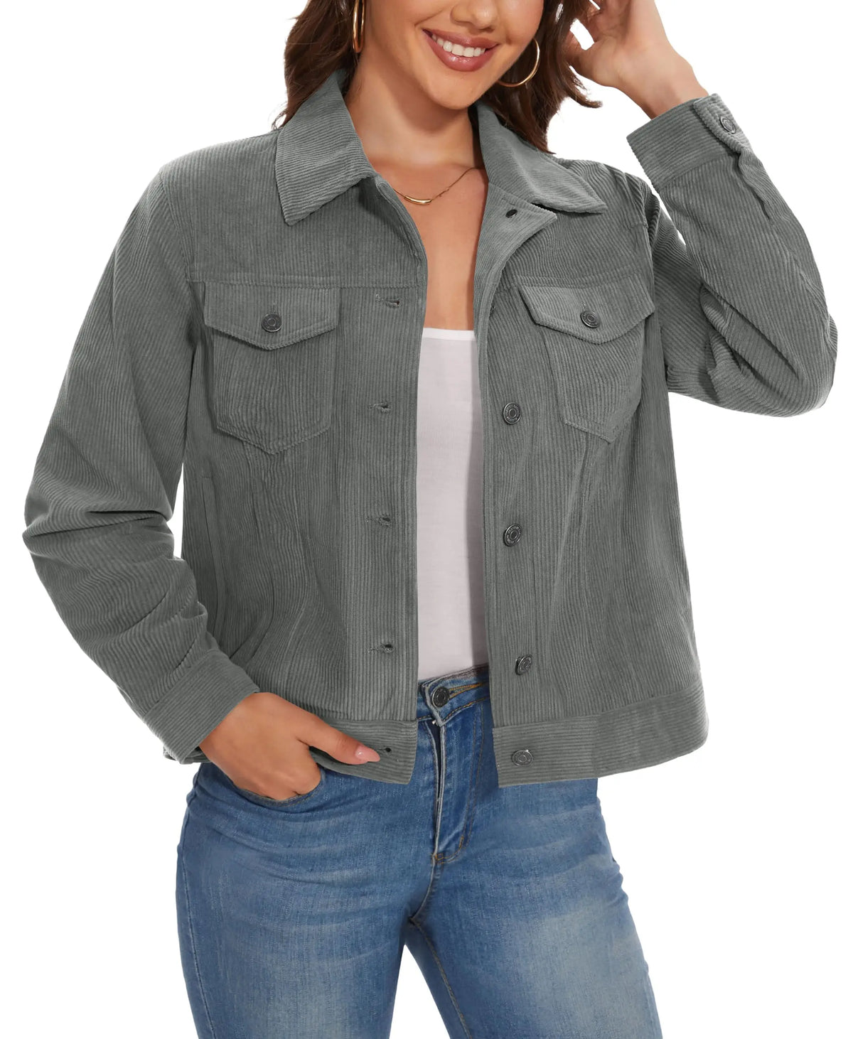 Women's Corduroy Cargo Jacket — Button-Down, 4 Pockets — Dark Gray