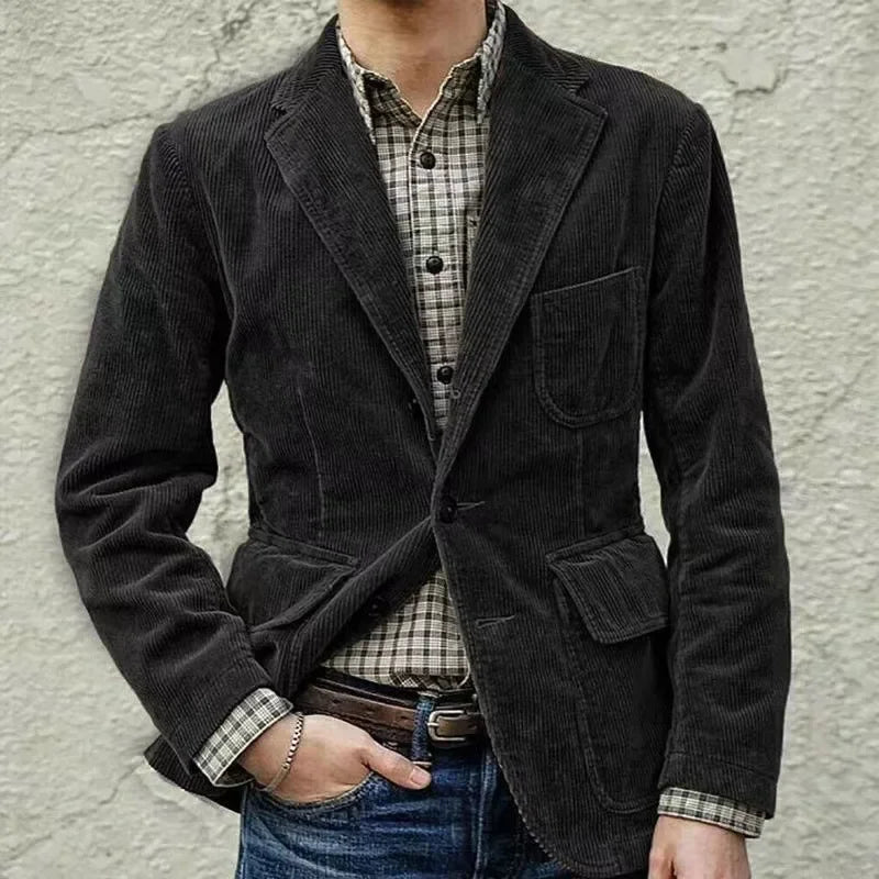 Men's Corduroy Casual Jacket — Suit-Collar Blazer Style — Black
