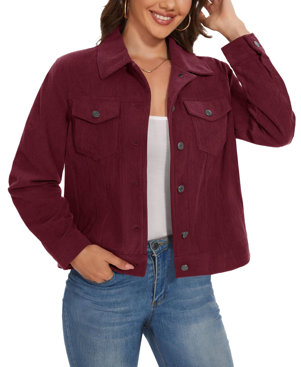 Women's Corduroy Cargo Jacket — Button-Down, 4 Pockets — Gray Purple