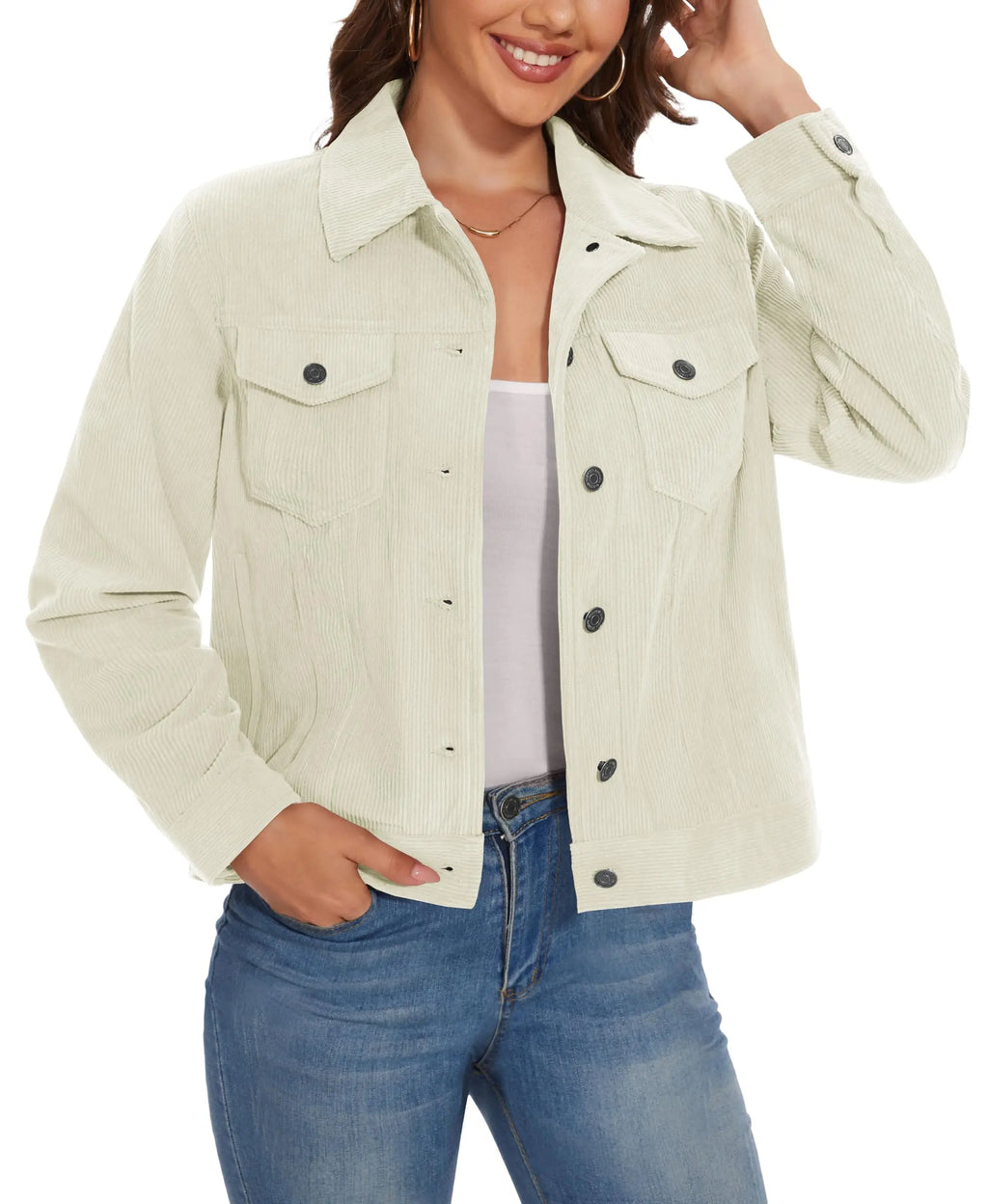 Women's Corduroy Cargo Jacket — Button-Down, 4 Pockets — Cream White